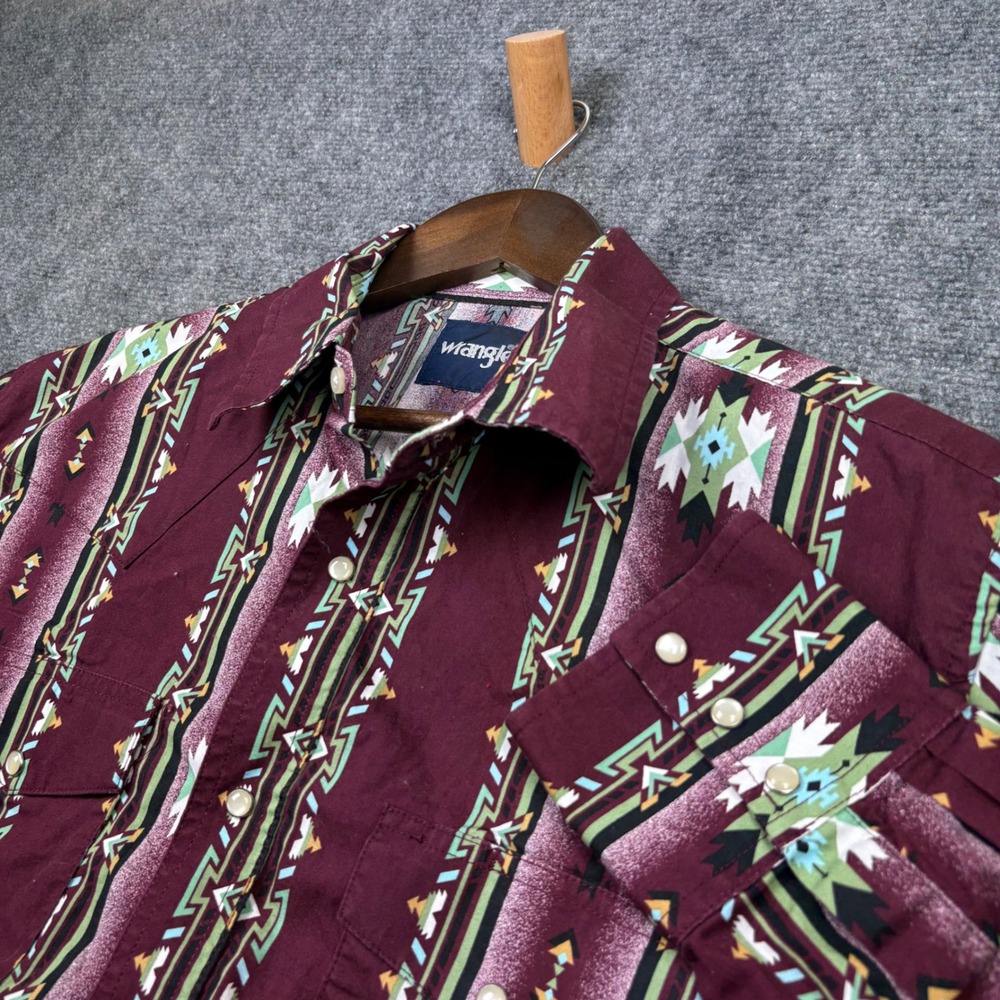 Wrangler Western Shirt Mens Large Burgundy Aztec Geometric Pearl Snap 112351867